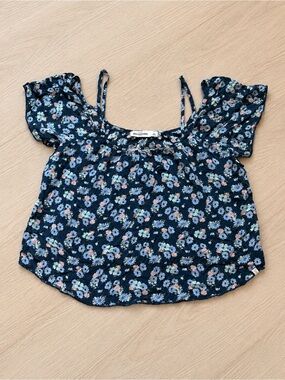 Abercrombie Kids Floral Cold Shoulder Flutter Sleeve Top Navy Blue Girls Large
